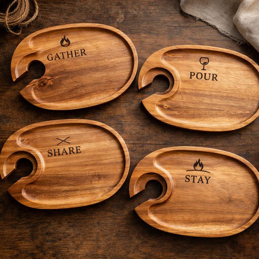 Acacia Wood Wine Appetizer Plate Set (Set of 4)